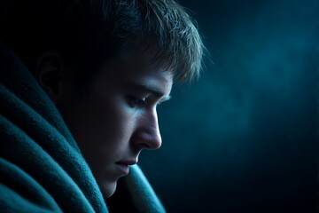 A shivering man wrapped in a blanket in deep blue, cold light, symbolizing the energy crisis, heating costs, winter chill, and home discomfort or despair.