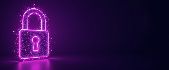 Abstract neon 3d blue and cyan connected points lock made from glowing connected particles in a plain dark purple background, minimalist, clean, copy space in the left, intricate smooth details,