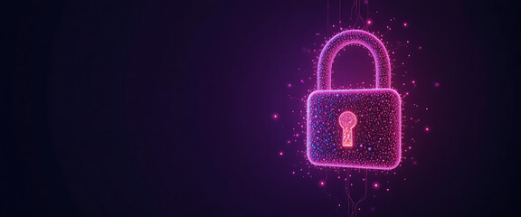 Abstract neon 3d blue and cyan connected points lock made from glowing connected particles in a plain dark purple background, minimalist, clean, copy space in the left, intricate smooth details,