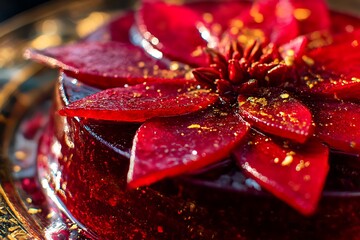 Dramatic close-up of a glossy, red Poinsettia-shaped jelly dessert sprinkled with gold dust, symbolizing luxurious Christmas indulgence, festive glamour, and holiday sweets.