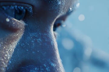 Extreme close-up of a person's eyes and face covered in glittering ice and frost, symbolizing deep cold, the danger of hypothermia, and winter extreme sports conditions.