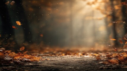 Ground level view captures forest path covered in dry, swirling autumn foliage with sunbeams filtering through the trees