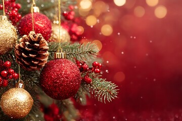 Luxurious Christmas composition of red and gold ornaments, pinecones, and berries on a fir branch with festive red bokeh background and copy space, symbolizing holiday greeting.