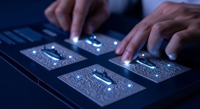 Hands interacting with an illuminated display board showcasing four miniature 3D models of athletic shoes, possibly for design or selection.