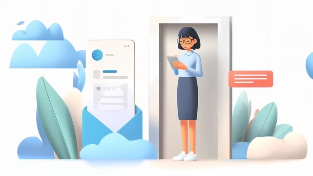 A woman standing in a doorway while holding a tablet, surrounded by clouds and vegetation, with a smartphone and notification elements nearby.