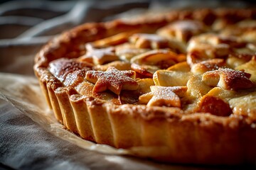 Close-up of a rustic holiday apple tart with decorative star-shaped crust cutouts, symbolizing cozy Christmas baking, seasonal dessert, and family tradition.