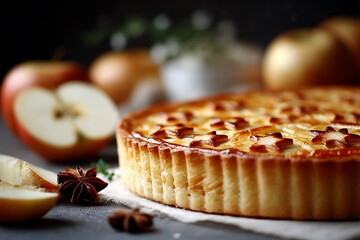 Freshly baked apple tart with star anise spice and apple slices, symbolizing cozy Christmas baking, comforting holiday dessert, and seasonal gourmet tradition.