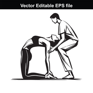 Two people practicing yoga, one person bending backwards in a deep backbend pose supported by the other person, isolated on white background