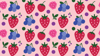 Seamless Pattern of Cute Berries and Fruits Keywords: berry, fruit, strawberry, blueberry