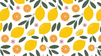 Seamless Pattern of Lemons and Leaves citrus fruit