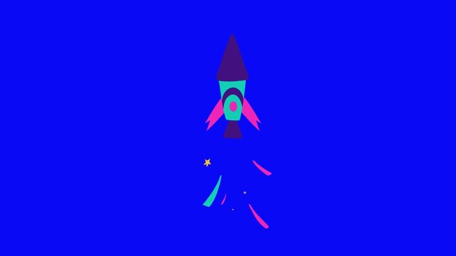 Bold animated rocket taking off against a vibrant blue background, perfect for startup ventures and innovative tech brands, showcasing creative business solutions