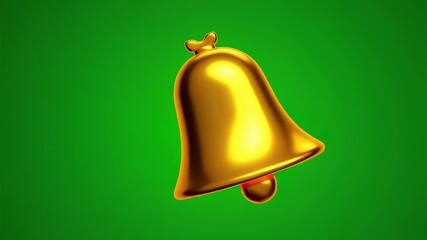 3D gold notification bell icon ringing, isolated on a green screen, essential motion graphic element for subscription and alert reminders with chroma key background.