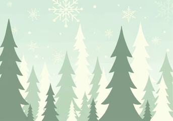 Winter scene with stylized evergreen trees in varying shades of green and white snowflakes falling against a light blue background.
