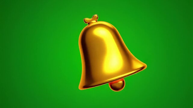 3D gold notification bell icon ringing, isolated on a green screen, essential motion graphic element for subscription and alert reminders with chroma key background.