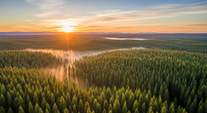 Golden light illuminates a misty forest at sunrise aerial view