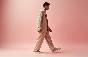 Young man in beige suit walks against pink studio background. Full body shot shows off modern casual menswear. Confident male model poses with clean style and footwear.