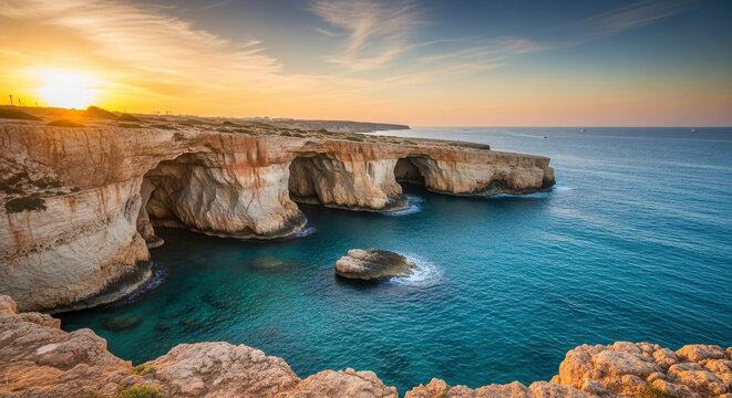 Golden Sunset Over Coastal Cliffs and Turquoise Sea