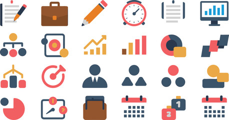 Business icons, productivity tools, office symbols, data charts, calendar visuals, teamwork elements, planning graphics, workflow items, corporate concepts