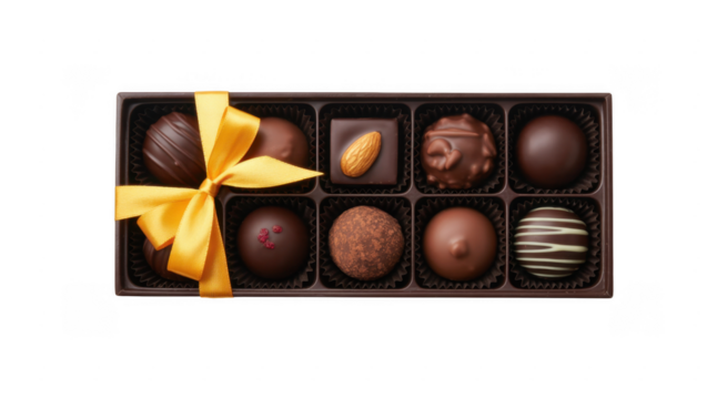 Assortment of dark milk and white chocolates in a box with yellow ribbon isolated on a transparent background