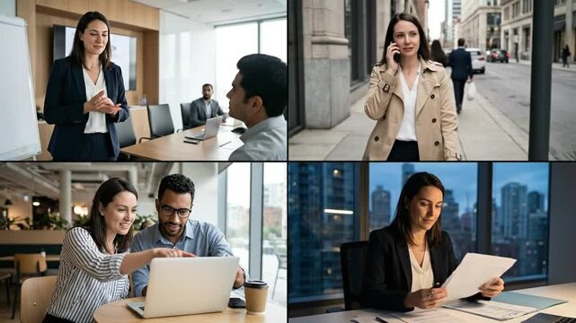 Dynamic Businesswoman's Diverse Professional Life: Meetings, Urban Mobility, Team Collaboration, and Focused Late-Night Work in a Multi-Panel View