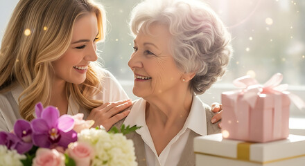 Cherished Mother's Day moment with daughter presenting gifts and flowers, creating beautiful memories and a heartwarming bond, full of love and appreciation