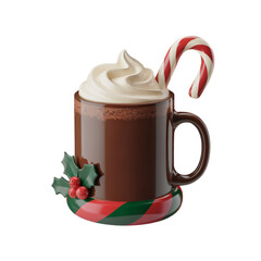 Festive hot chocolate in a brown mug with whipped cream and a candy cane decorated with holly and berries isolated on transparent background