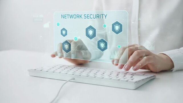 It specialist implementing cybersecurity measures by typing on a computer keyboard, managing data protection and internet safety with a futuristic holographic display showing security shield icons