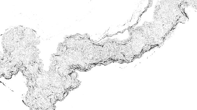 Black and white contour map of winding river valley with textured hills topography terrain