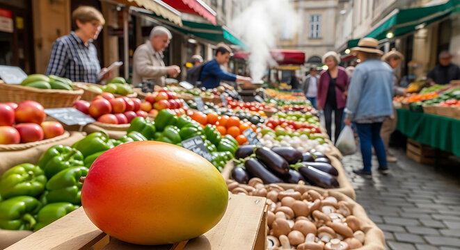 A vibrant outdoor market scene featuring fresh produce and people browsing various food stalls along street