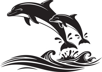 Naklejka premium Two playful dolphins leap from ocean waves in a striking black and white graphic design