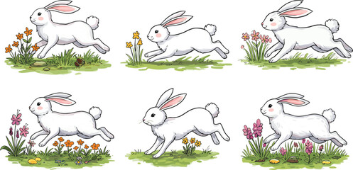 Cute white rabbits running and jumping in meadow, spring wildlife illustration set with flowers, grass and playful bunny movement animation poses