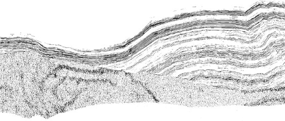 Obraz premium Black and white abstract pattern of layered geological strata and textured rock formations background