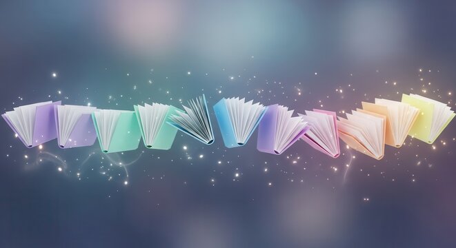 Row of pastel colored books opens and floats across a shimmering dark background - Powered by Adobe