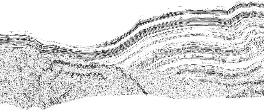 Black and white abstract pattern of layered geological strata and textured rock formations background