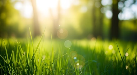 Obraz premium Sunlit meadow with fresh green grass and blurred forest background