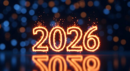 Burning 2026 new year celebration with bokeh background