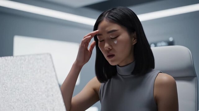 Exhausted businesswoman suffering from a severe headache, her head exploding into digital pixels and glitches due to burnout, stress, and information overload from working on her laptop