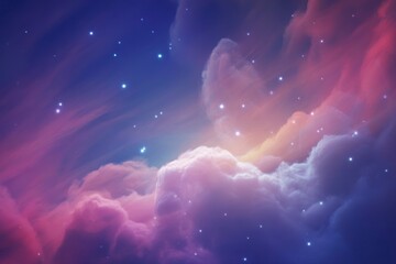 Dreamy sky with pink and purple clouds and twinkling stars creating a fantasy atmosphere view scene
