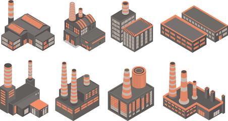 Isometric factory icons, industrial buildings, smokestacks, manufacturing plants, processing units, urban infrastructure, stylized architecture, production facilities