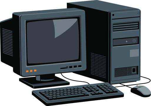 Vintage desktop computer, CRT monitor, tower CPU, wired mouse, QWERTY keyboard, retro PC setup, old hardware, tech nostalgia