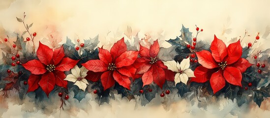 Watercolor Christmas Arrangement with Poinsettia and Holly, space for text