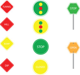 Traffic sing and abstract geometric shapes with vibrant color palette