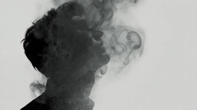 Man depicted in smokey elegance with a serene expression, as ethereal wisps surround him against a minimalist backdrop in a captivating artistic portrayal