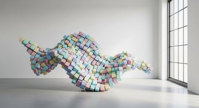Three dimensional abstract structure composed of many pastel colored blocks floats within a bright room