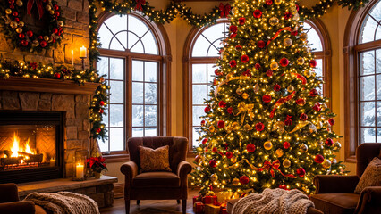 Cozy christmas living room scene with a roaring fireplace decorated tree and large arched windows