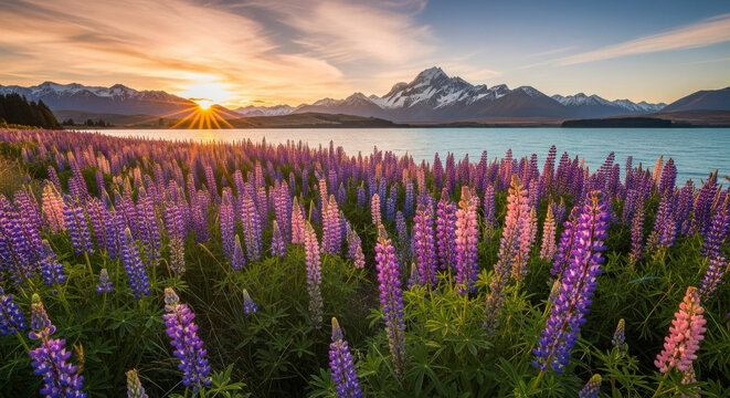 Vibrant purple lupins bloom by a serene lake at sunset with majestic snow capped mountains - Powered by Adobe