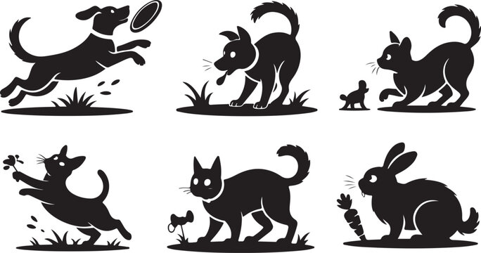 Six black silhouettes depict a dog catching a frisbee, two cats playing, a cat chasing a mouse, and a rabbit near carrots.
