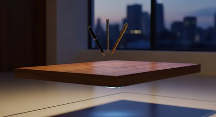 Three writing instruments hover above a polished wooden surface near a city skyline at dusk