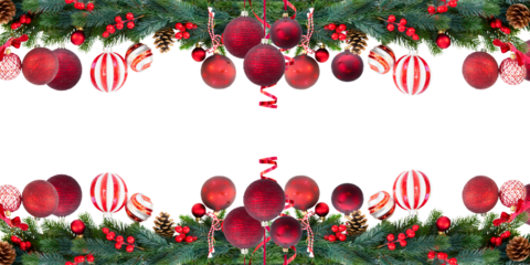 PNG image of Festive christmas background featuring red ornaments pine cones and green fir branches perfect for holiday greetings and seasonal designs and celebrations