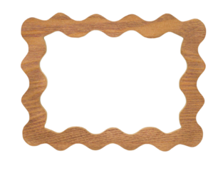 Isolated rustic wooden wavy border frame cutout on white background. PNG.